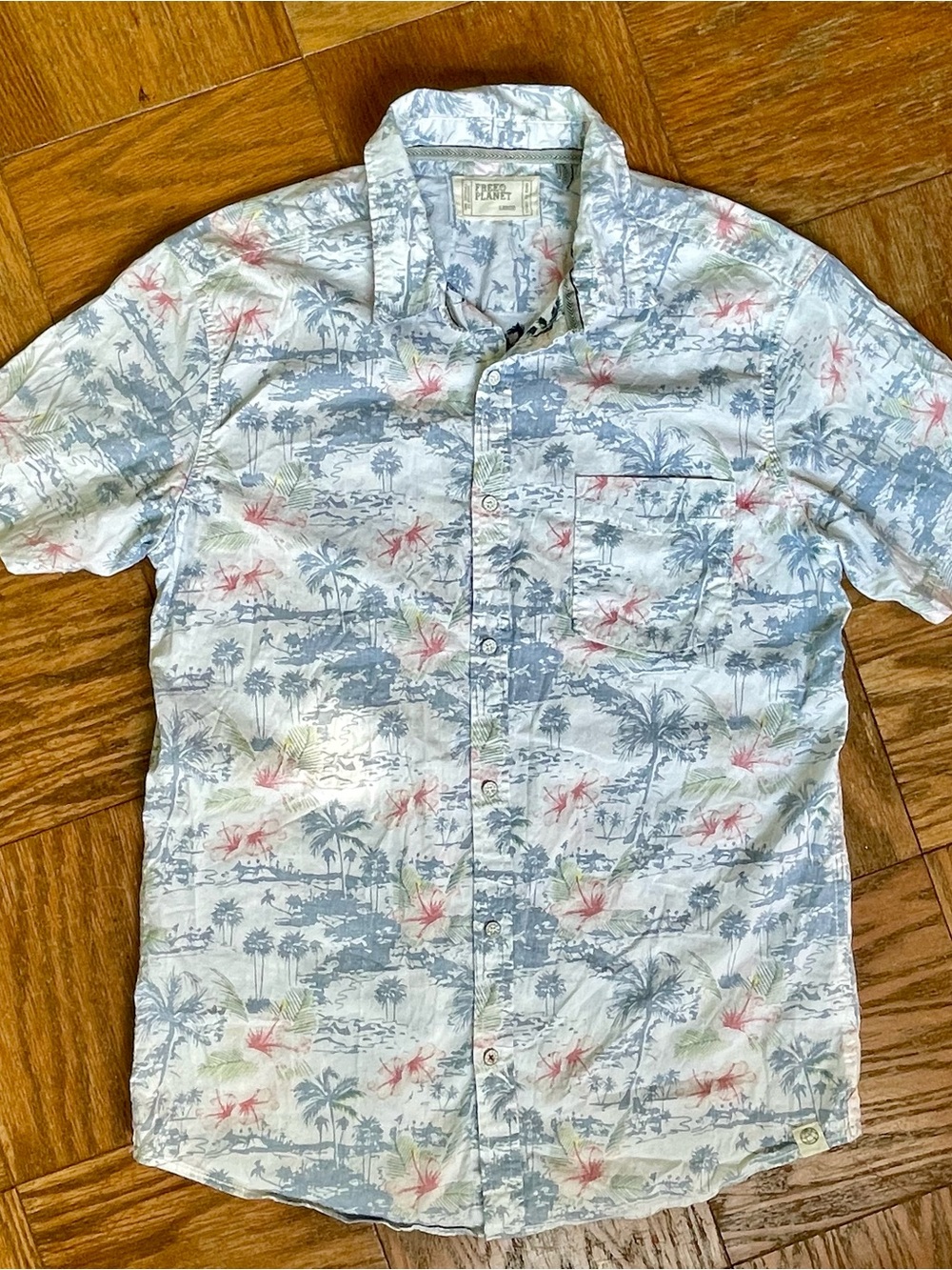 Free Planet Men’s Tropical Palm Button Down Shirt Large Cotton Blend Stretch